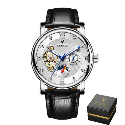 Orologio da polso meccanico automatico di lusso da uomo, firmato da un grande marchio, dotato di tourbillon, fase lunare e diamanti: un elegante orologio da polso.