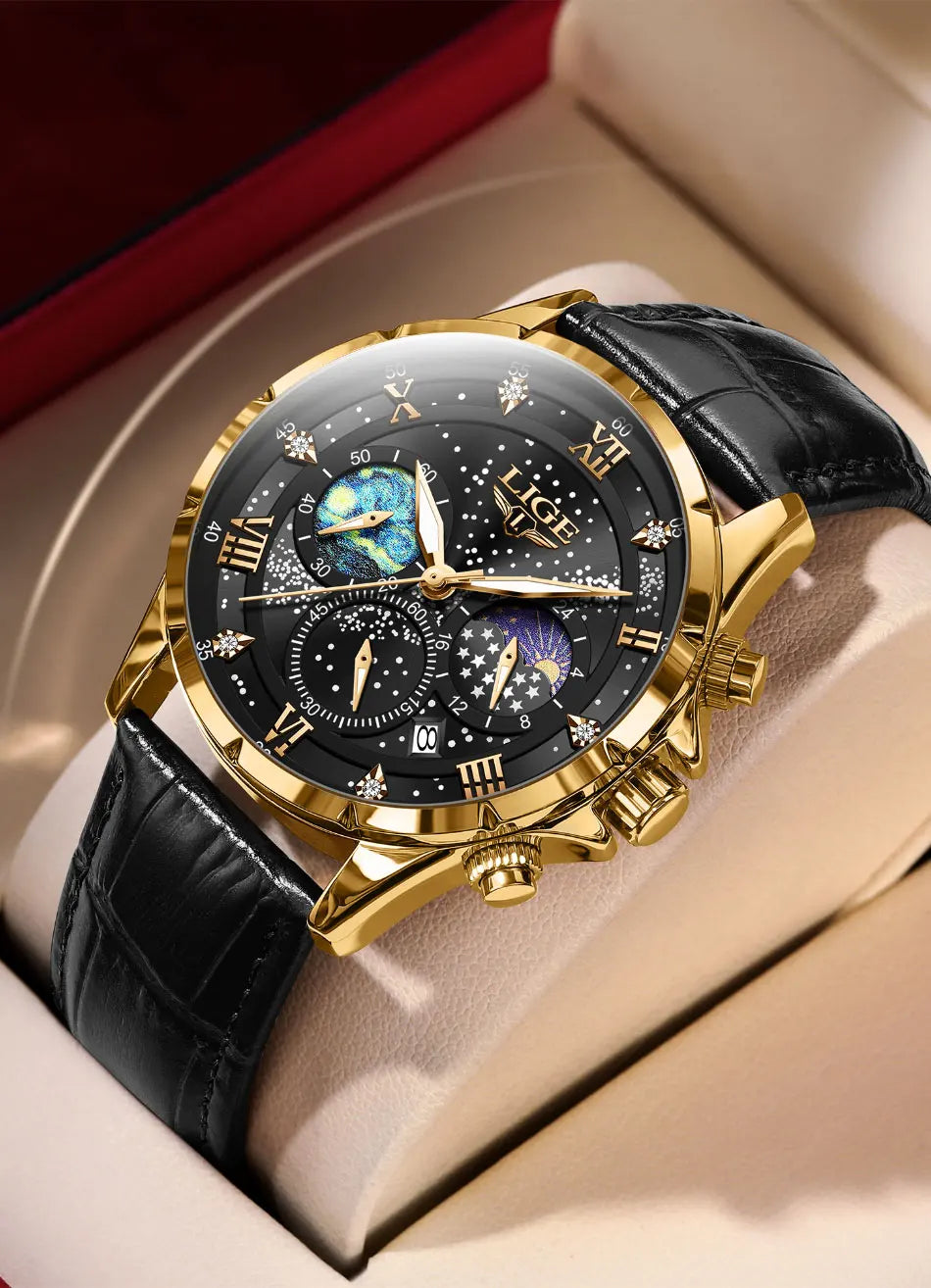 Relógio para homem LIGE – Relógio de quartzo de luxo, estilo descontraído, bracelete em pele, ideal para o trabalho ou para a prática desportiva, resistente à água, com data e cronógrafo.