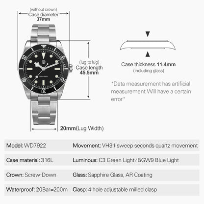 Watchdives WD7922 BB54 Watch VH31 Sweep Second Movement Sapphire Crystal 20bar Waterproof C3 Luminous 37mm Vintage Watches