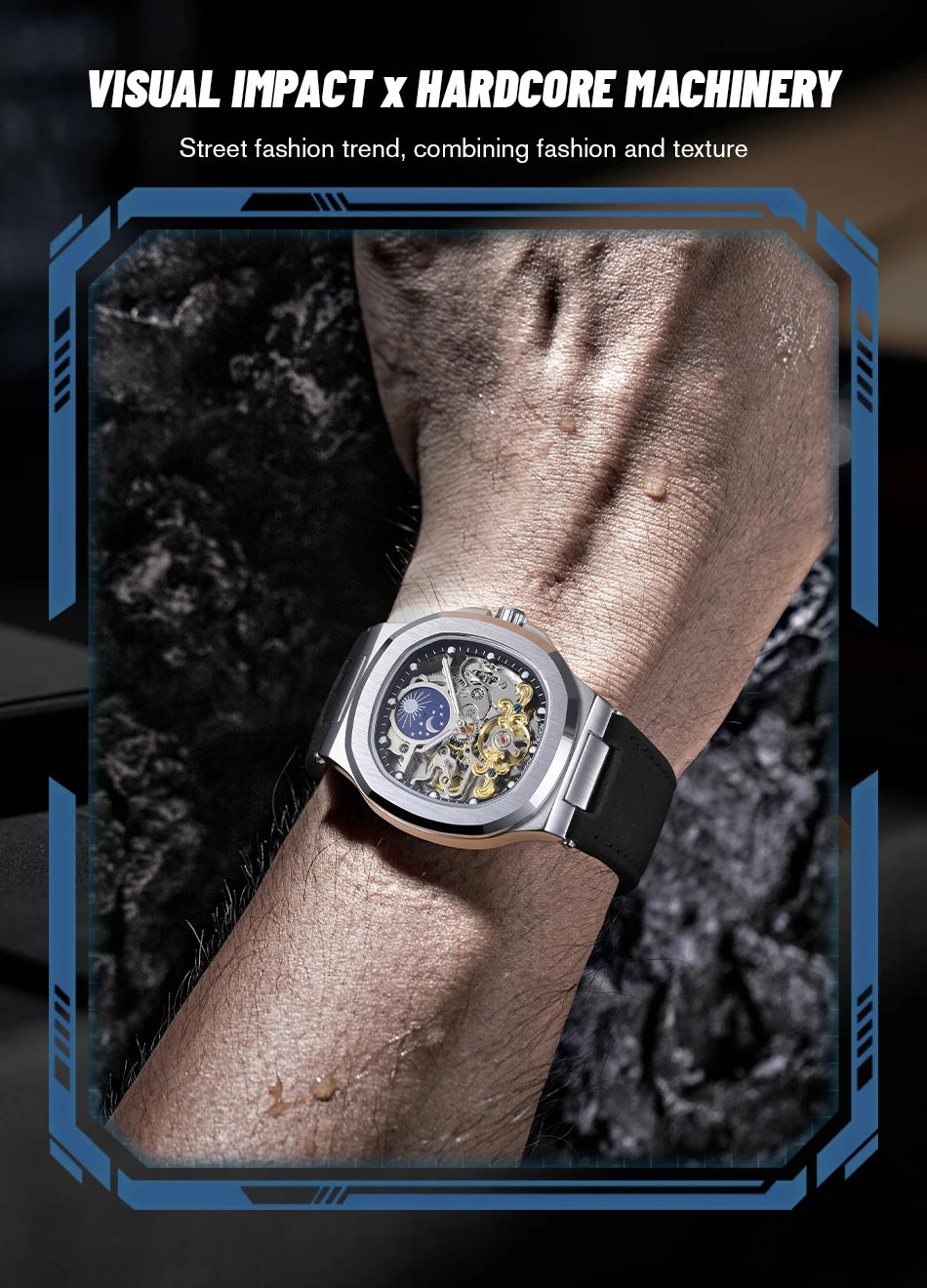 2025High-end Luxury SKROX Square Man Watch Sapphire Tourbillon Steel Skeleton Moon Phase Automatic Movement Leather Male Watches