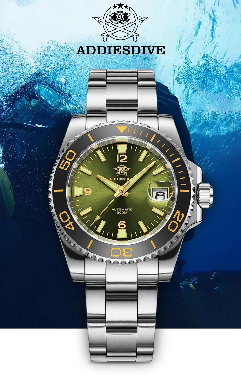 ADDIESDIVE New Diving Gift Watch Men 8215 Automatic Sapphire AR Coated Glass Ceramic Bezel Waterproof 200m Luminous Stainless St
