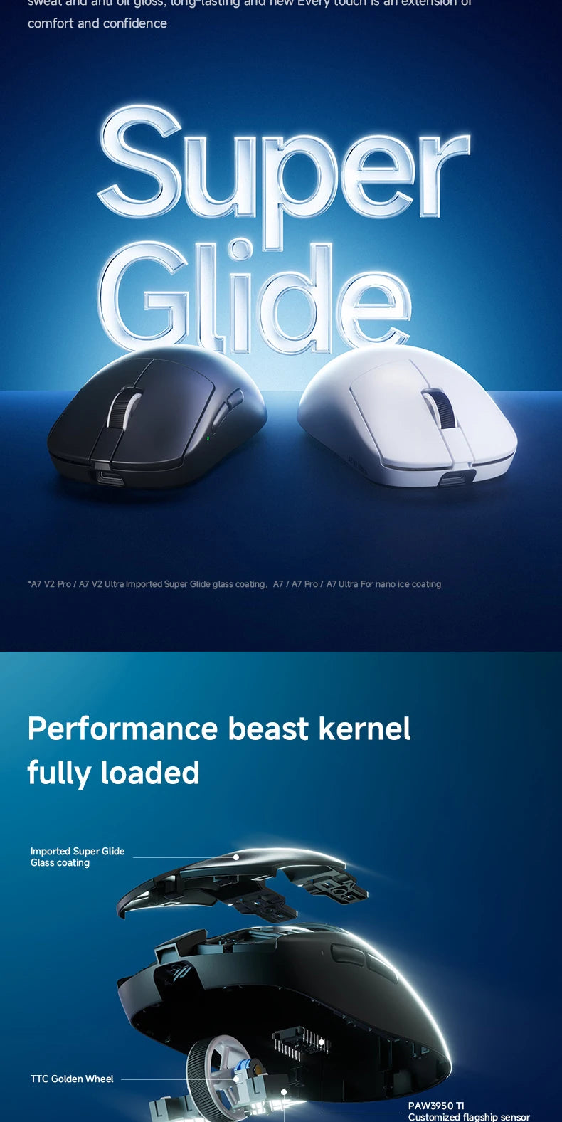 MCHOSE A7 V2 Ultra / Pro lehká bezdrátová herní myš Dual 8000Hz PAW3950 TI 42000DPI pro PC e-sport hráče