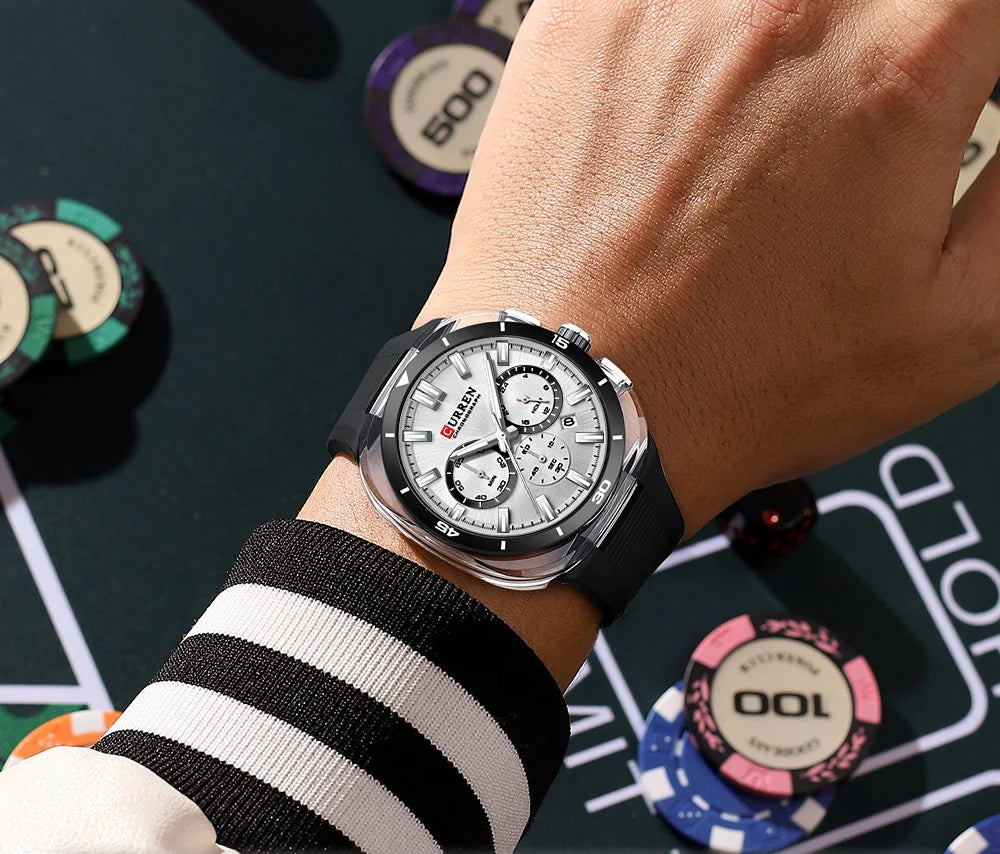Relógio de homem CURREN – Novo modelo de luxo com movimento de quartzo, bracelete em silicone, estilo desportivo, multifunções, à prova de água, luminoso, com indicação da data e cronómetro.