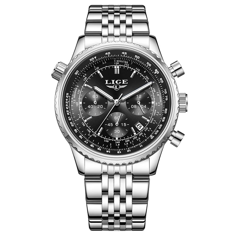 Relógio de luxo para homem LIGE – Cronógrafo com data, em aço inoxidável, estanque, luminescente, estilo desportivo e militar, relógio de quartzo para homem