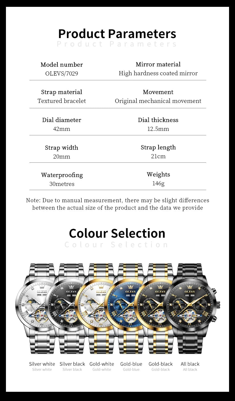 OLEVS Men's Watches Moon Phase Hollow Flywheel Exclusive Original Automatic Mechanical Watches For Men Luxury Man Watch New 7029