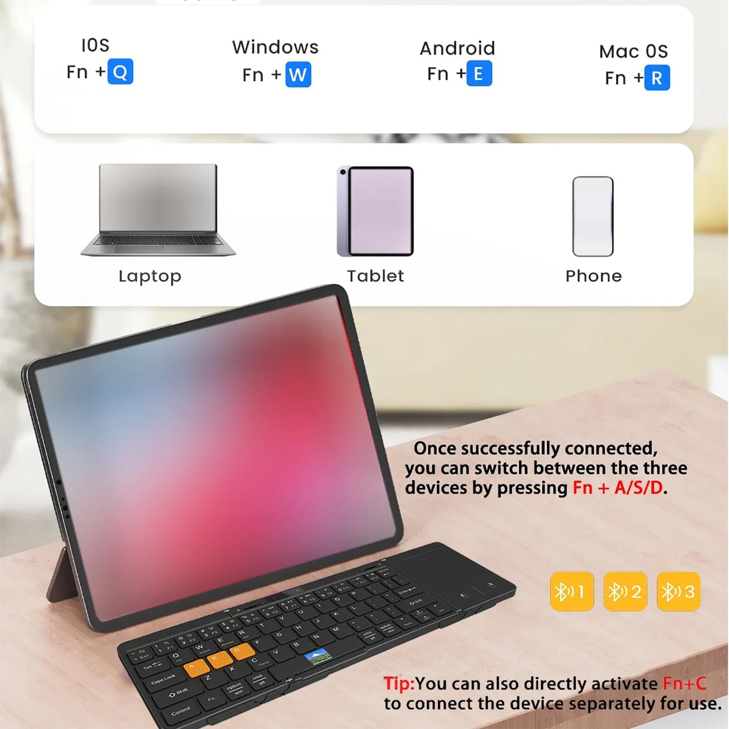 Folding Travel Keyboard with Touchpad &Display,Foldable Bluetooth Keyboard for Windows iOS Android,Multi Device Keyboard