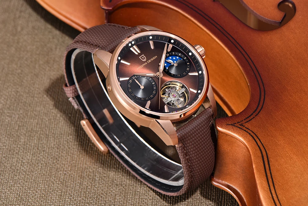 PAGANI DESIGN – Montre mécanique de luxe pour homme, 41 mm, verre saphir, bracelet en cuir, étanche, style pilote, avec tourbillon et phase de lune