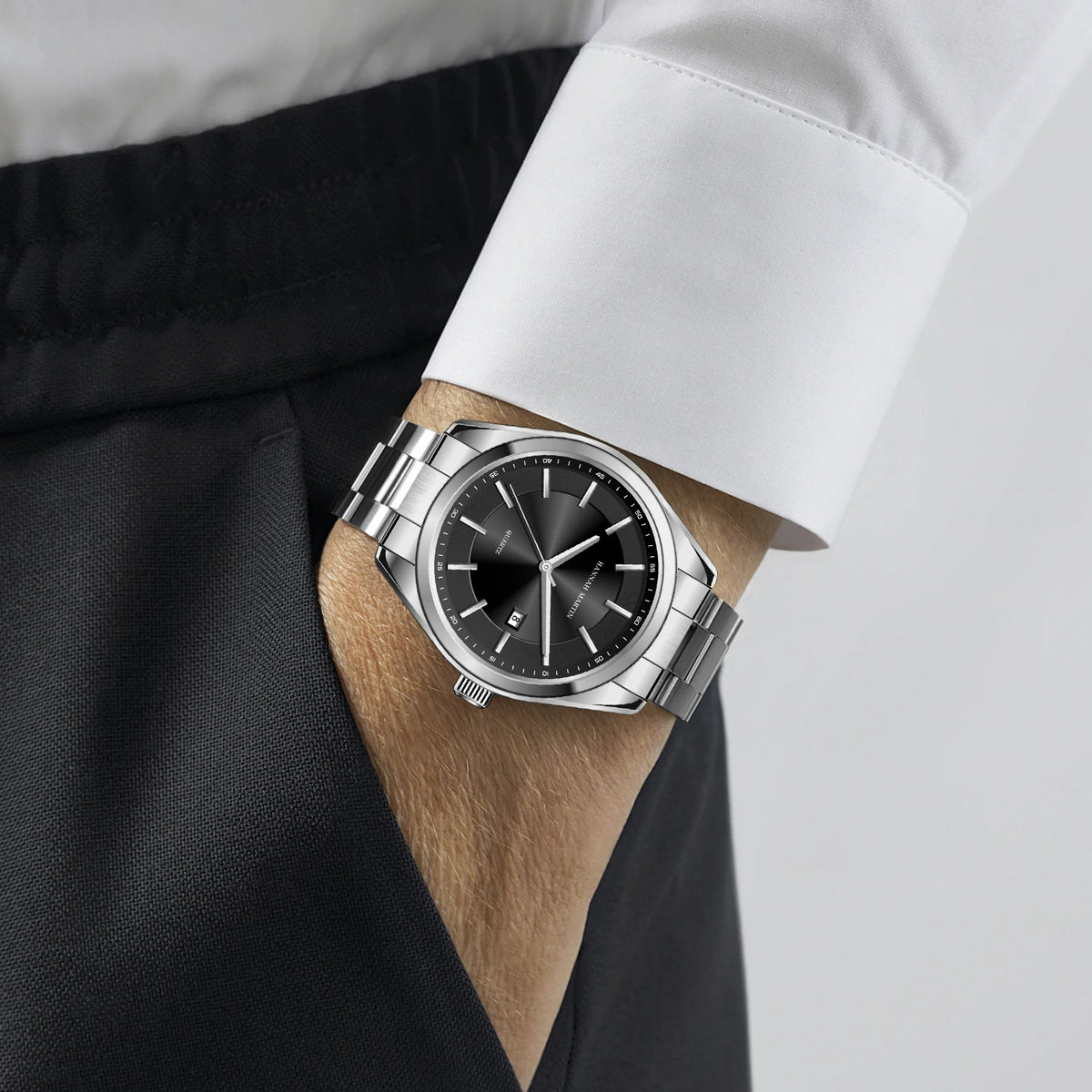 Relógio de quartzo HANNAH MARTIN, 40 mm, para homem, bracelete em aço inoxidável preto, resistente à água até 3 bar, estilo desportivo-chique