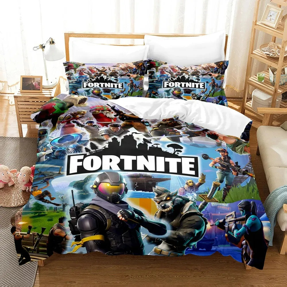 F-Fortnite 3PCS Bedding Set Battle Royale Kids Duvet Cover Quilt Pillowcase Double Size Victory Game Bedroom Linen Decoration