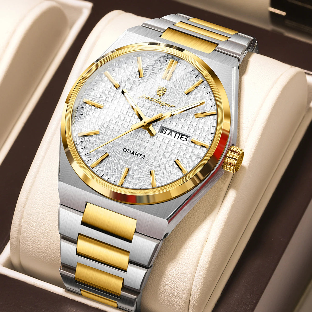 Orologio da polso di lusso da uomo POEDAGAR, impermeabile, luminescente, in acciaio inossidabile, con data e giorno della settimana, al quarzo, stile business.