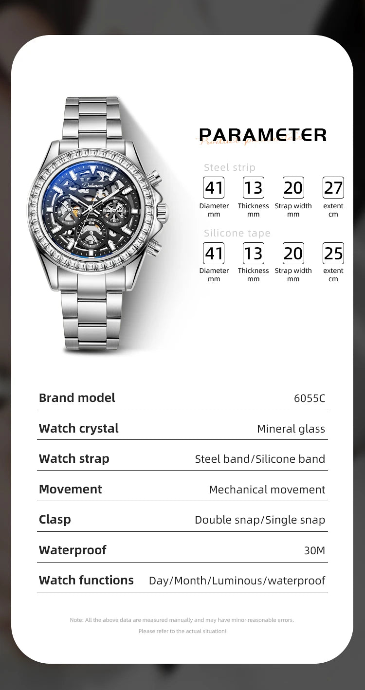 Diamond Bezel Stainless Steel Automatic Watch Fashion Mulitfunction Waterproof Luminous Mechanical Watches for Men