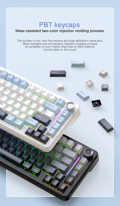 F75 Mechanical Keyboard FREEWOLF 81 Keys Layout Metal Knobs PBT Keycaps,Fully Hot-swappable Keys RGB Multi-color Backlighting