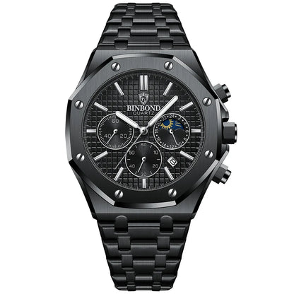 BINBONG B0161 Top Brand Man Business Quartz Watch Chronograph Wristwatch Stainless Steel Strap 30M Waterproof Luxury Men Watch
