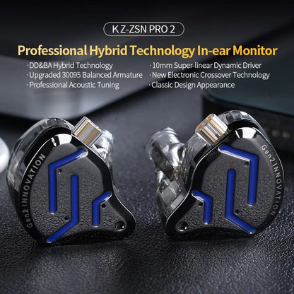 KZ ZSN Pro 2 In-Ear Metal Headphones Sport Noise Canceling Music Headphones Hybrid Drivers 1BA+1DD HIFI Bass Headphones