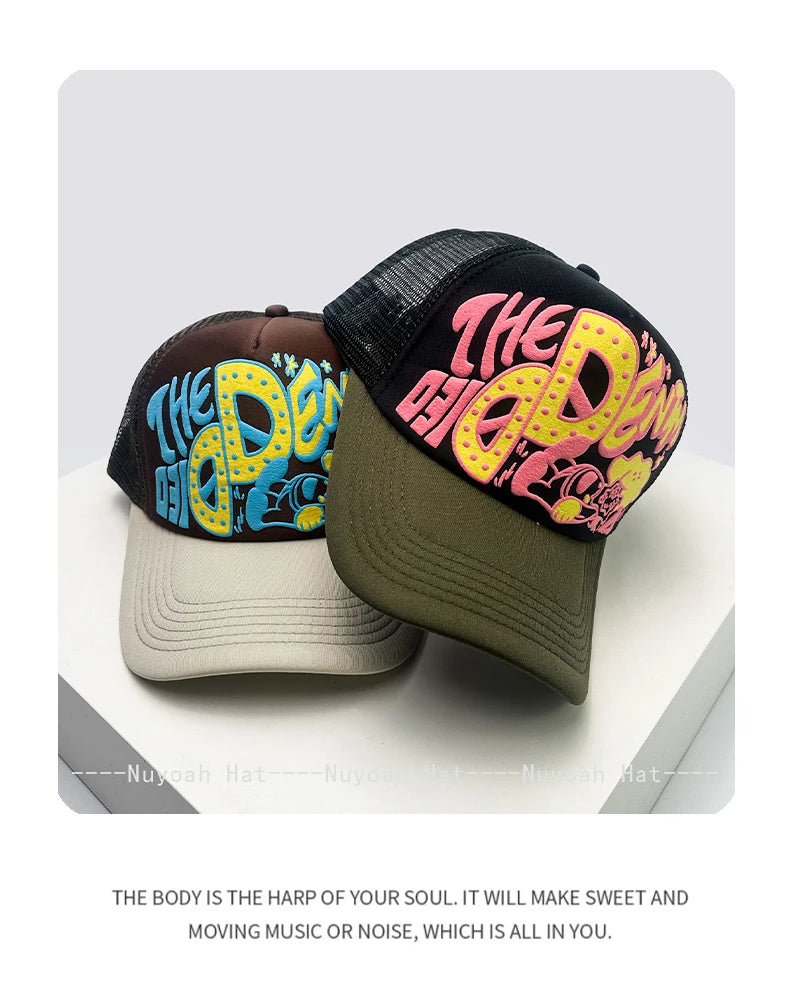 Unisex, interessant, 3D-printet bogstav, baseballkasketter, solskærm, tegneserie, åndbar, farveblok, trucker-kasketter, mesh, alsidig inderside