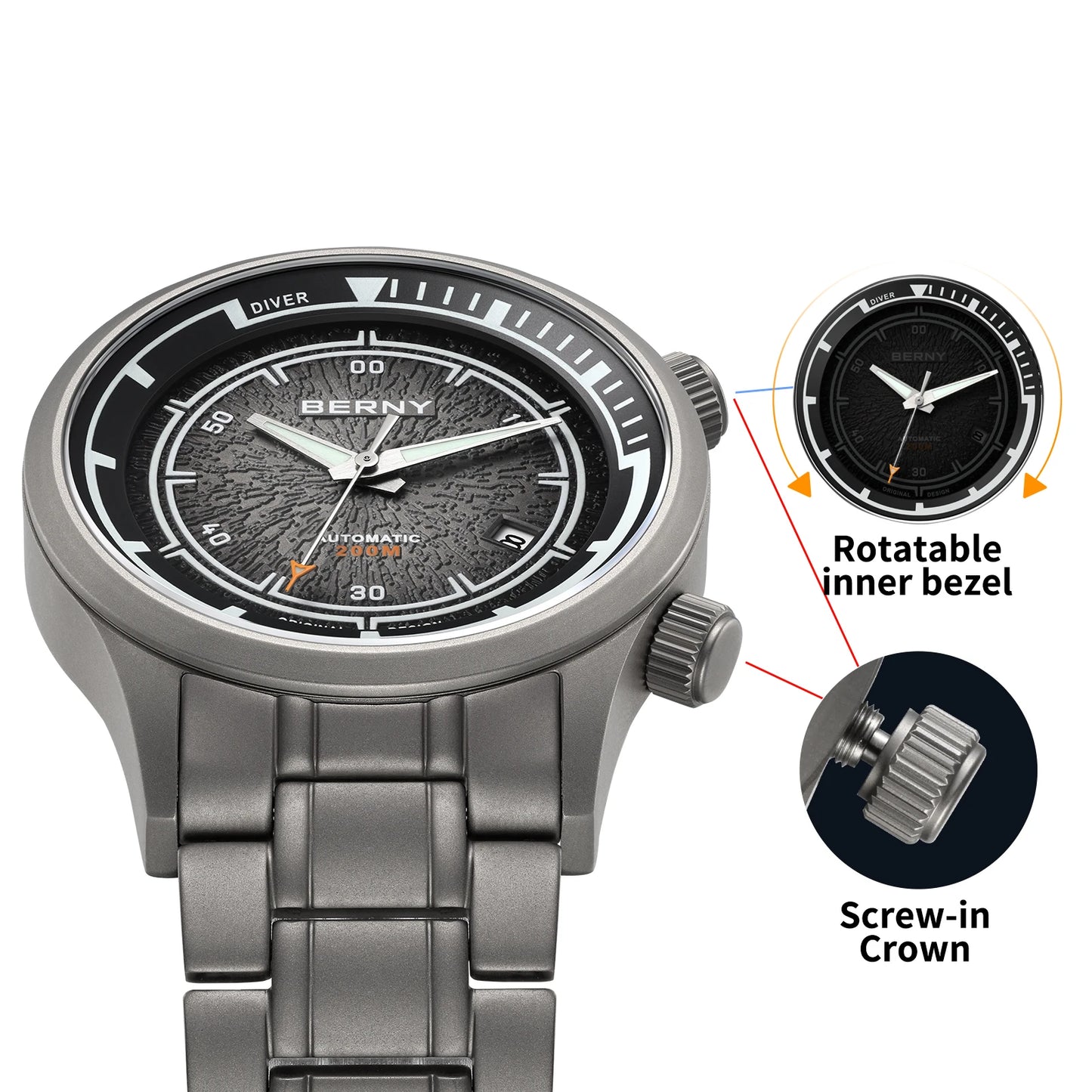BERNY Automatic Diving Watches for Men Full Titanium Lightweight Super Luminous Mechanical Men's Diver Watch 20ATM Sapphire