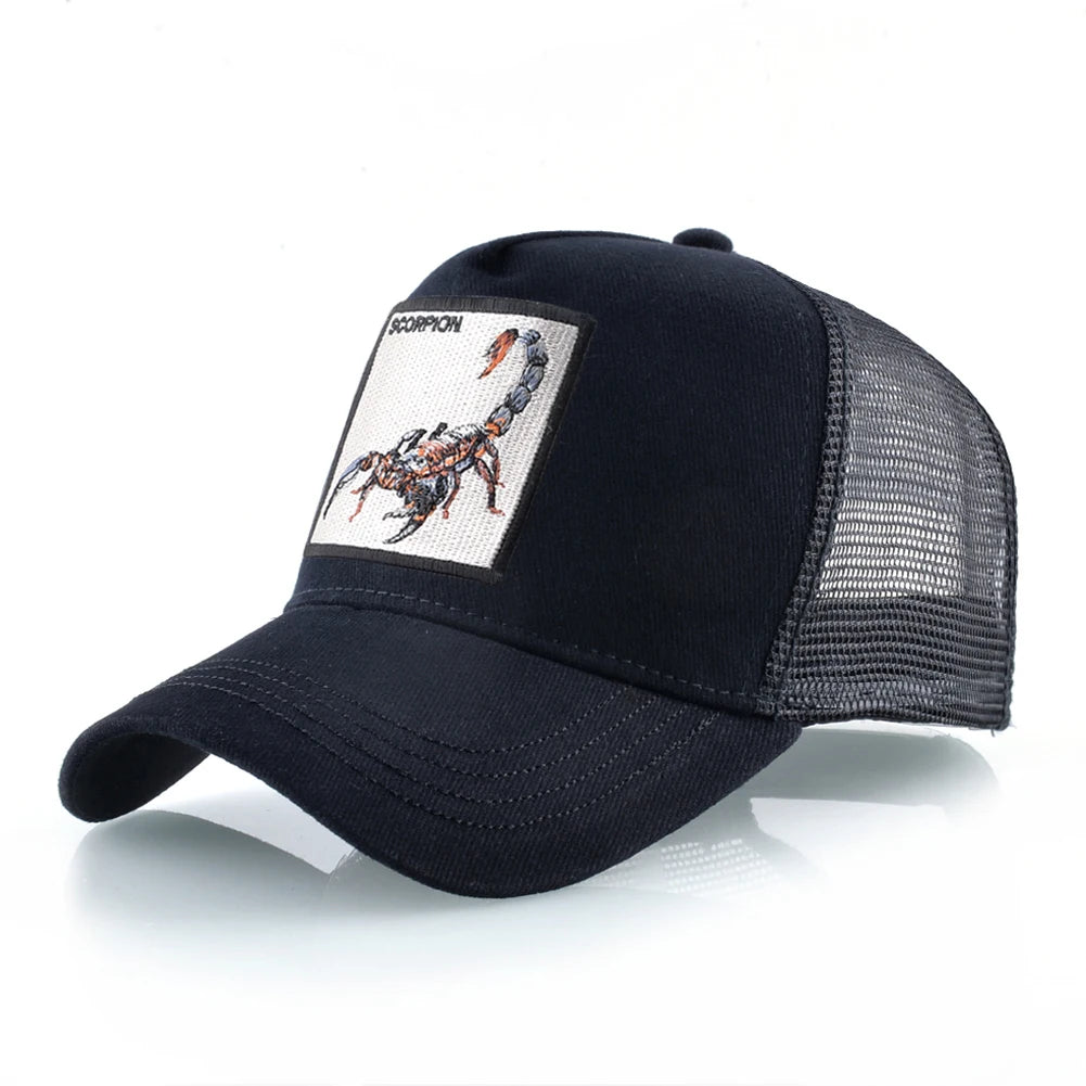 Unisex-trucker-kasket med broderet skorpion-patch, baseballkasket til mænd, snapback-hiphop-kasket til kvinder, udendørs kasket med visir i åndbart materiale