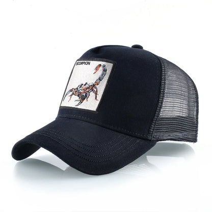 Unisex-trucker-kasket med broderet skorpion-patch, baseballkasket til mænd, snapback-hiphop-kasket til kvinder, udendørs kasket med visir i åndbart materiale