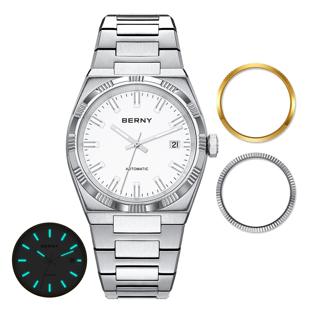 Orologio automatico da uomo BERNY, dorato, vetro zaffiro, lancette luminescenti, originale al 100%, dotato di movimento PT5000, rivestimento antiriflesso, modello di lusso con lunetta intercambiabile, impermeabile fino a 5 ATM.