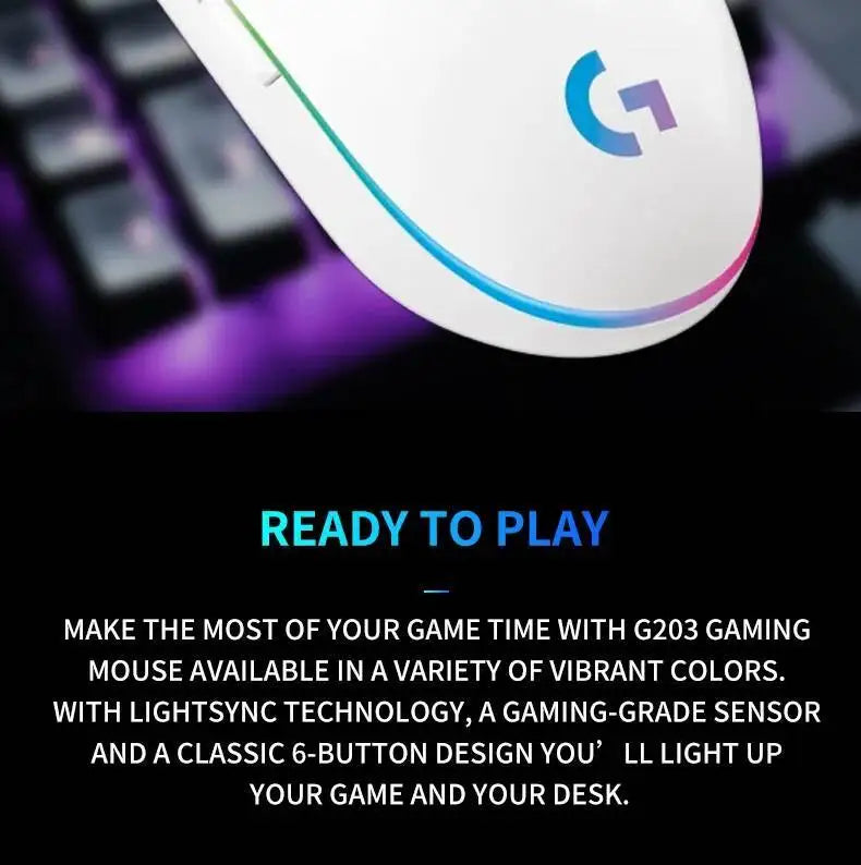 Logitech G203 LIGHTSYNC Mouse Wired 8000 DPI Sensor RGB Sync 6 Buttons Mechanical Tensioning Office-Gaming Dual-Use