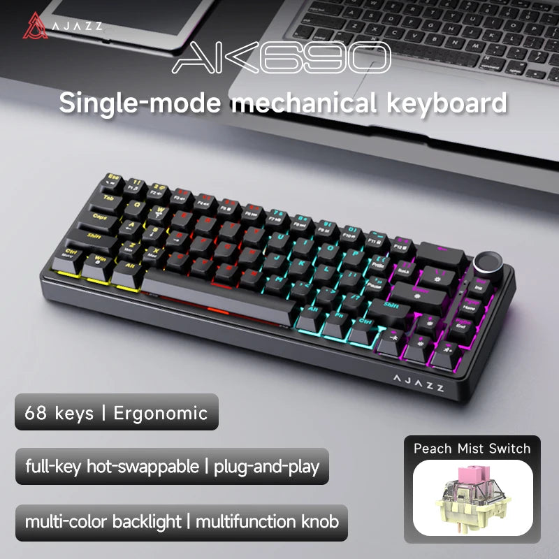 AJAZZ AK690 65% Mechanical Keyboard Full-key Hot-swap Wired USB Plug And Play Mixed Light 68 Keys Gaming Keyboard For Laptop PC