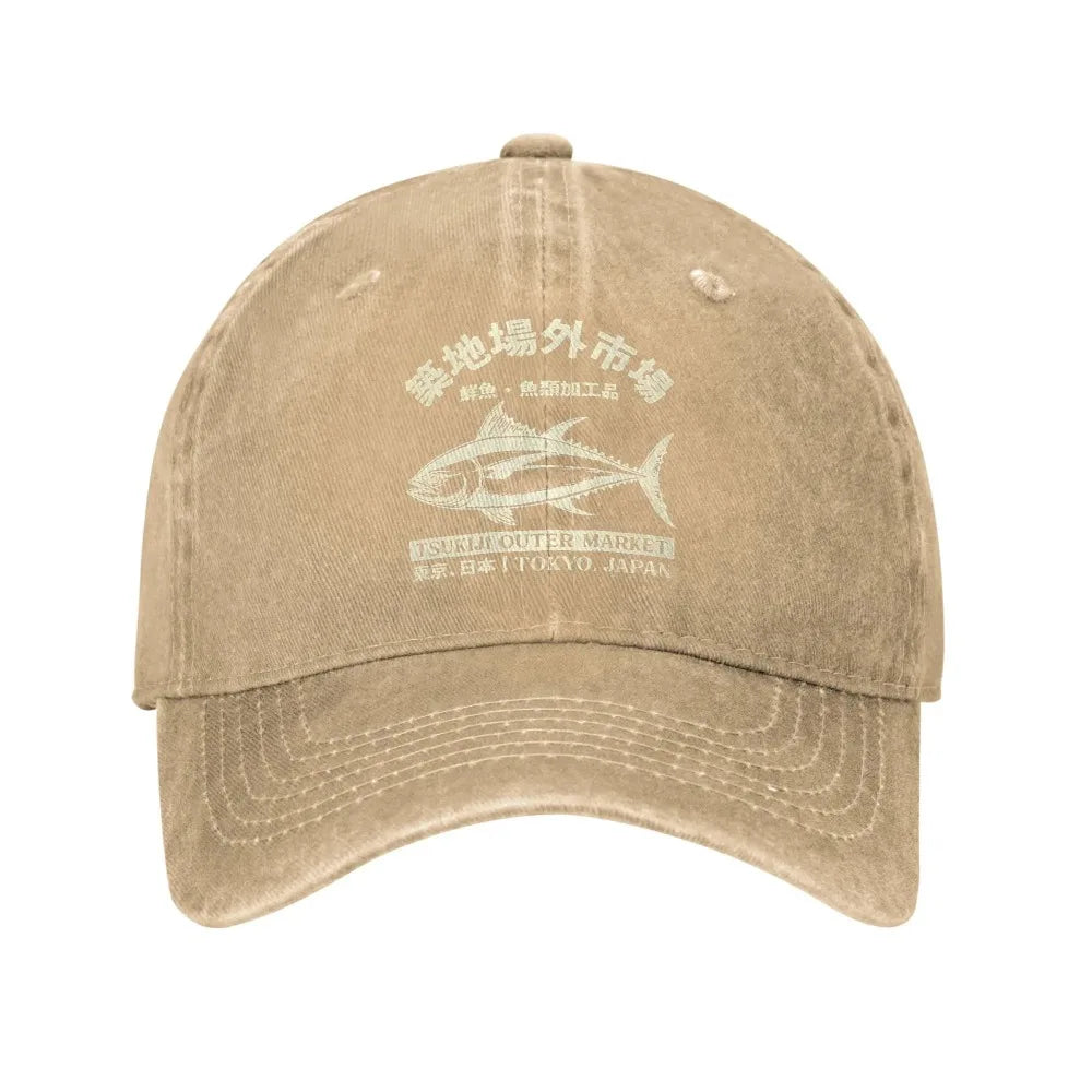 Japanse Tsukiji-vismarkt, gewassen, Tokio, Japan, baseballpet, zongewassen truckerpet, dames- en heren-snapbackpet