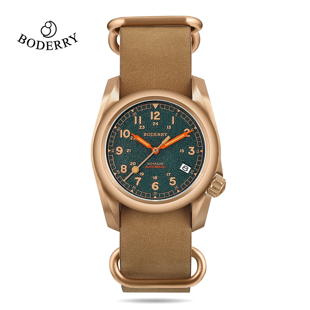 Boderry VOYAGER Field Watches Bronze Case Automatic For Seiko NH35 Watch 100M Waterproof Clock Military Vintage Wristwatch Mens