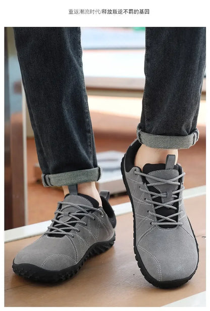Zapatos de cuero de ante y tejido PU con puntera ancha, antideslizantes, para senderismo, trabajo, deporte masculino y caminatas al aire libre para mujer
