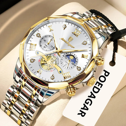 Relógio de pulso de luxo original POEDAGAR para homem, estanque, cronógrafo luminoso, relógio de pulso de aço inoxidável com movimento de quartzo, relógios de gama alta para homem