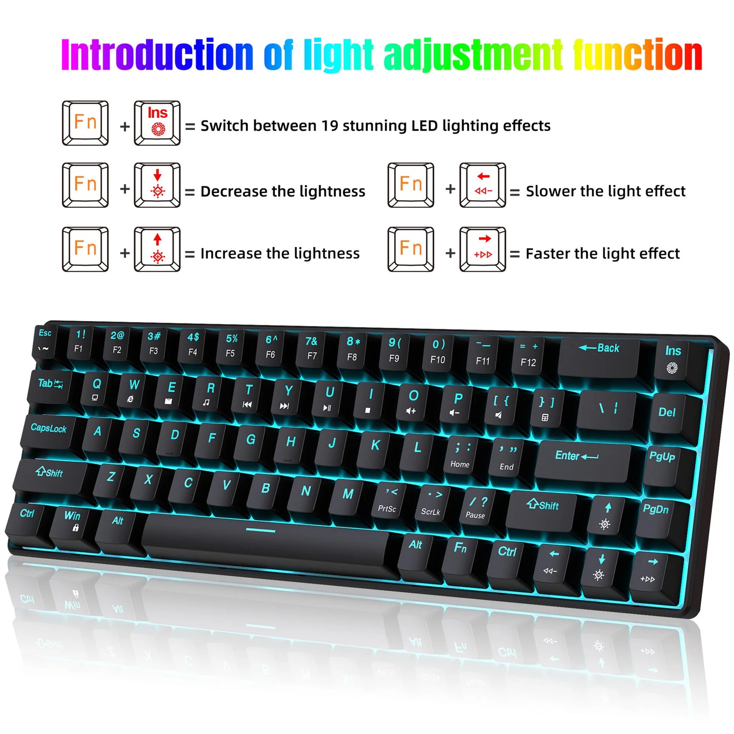 Teclado mecánico gaming 60% USB con teclas blancas, mini teclado gamer ergonómico para ordenador con retroiluminación y música