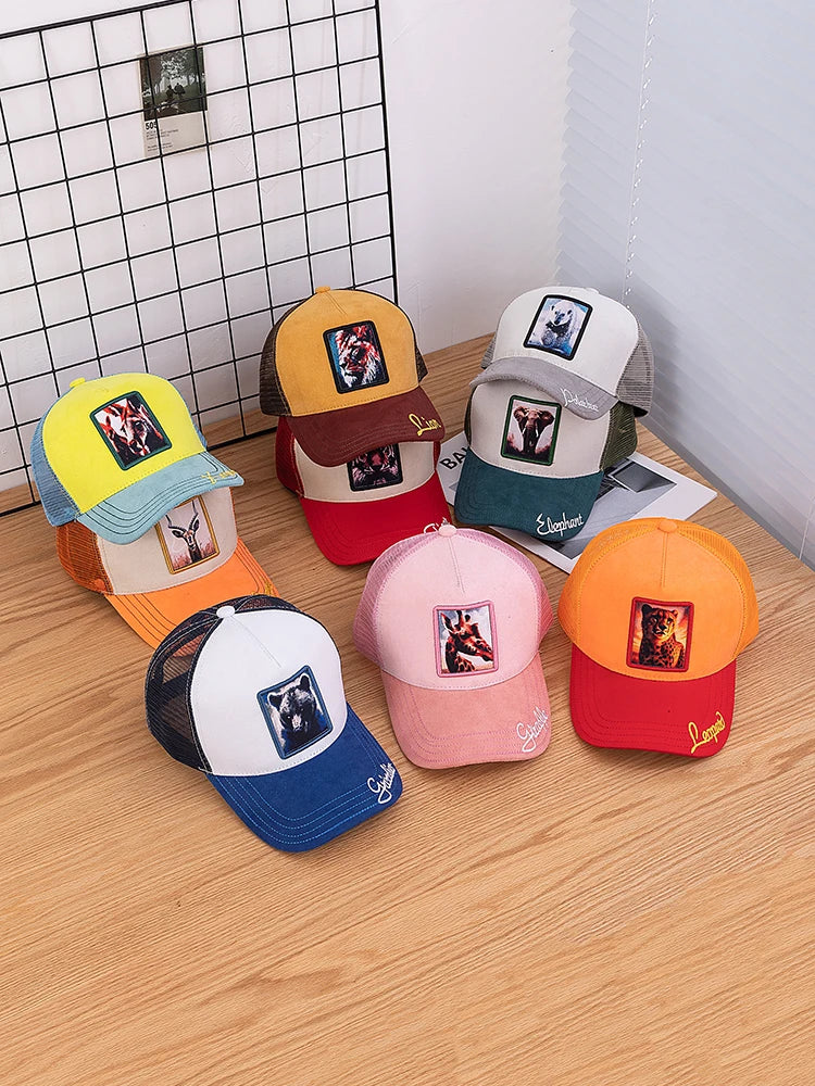 Hot Sale Unisex Mesh Cap Lion Pattern Patch Design Suede Hat Women And Men Summer Animal Baseball Cap Fashion Trucker Hat
