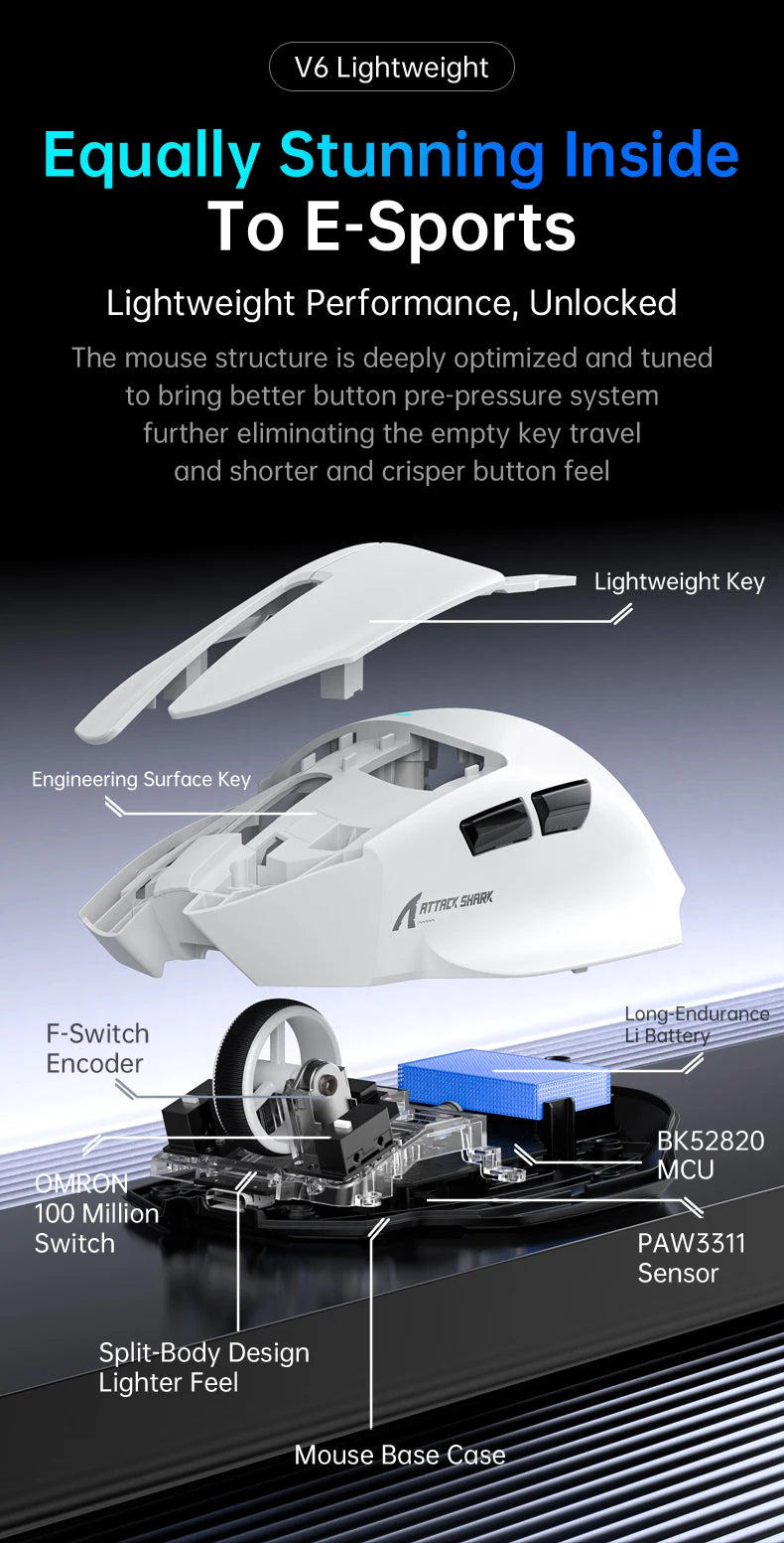 ATTACK SHARK V6  Wireless Gaming Superlight Mouse with RGB Magnetic Charging Dock,PAW3311 Sensor,Macro Gaming Mouse