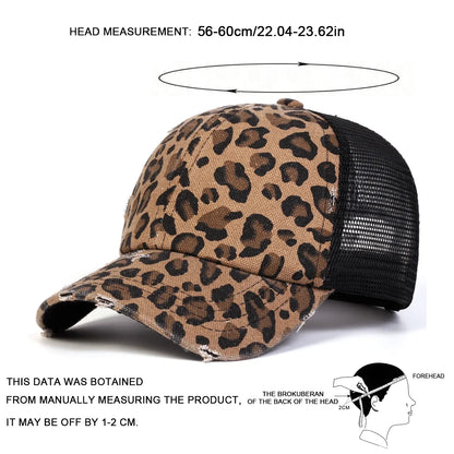 Unisexová kšiltovka s leopardím potiskem a vyšívanými otvory, baseballová síťovaná kšiltovka, jarní a podzimní outdoorová nastavitelná ležérní čepice, sluneční čepice, sportovní kšiltovka