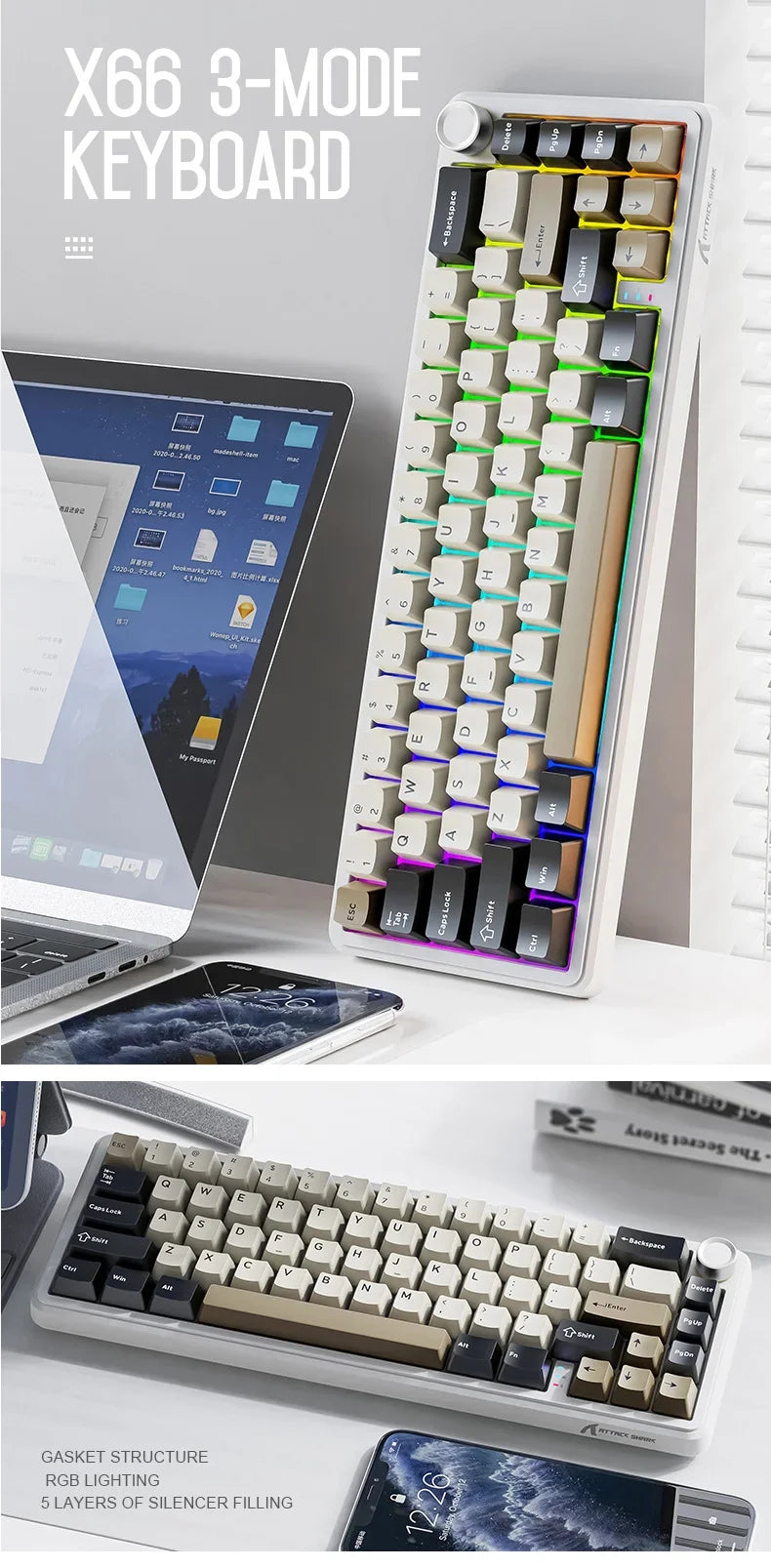 Teclado mecánico inalámbrico Attack Shark X66 con diseño compacto 65%, retroiluminación RGB, montaje gasket, hot swap, Bluetooth, USB-C, PBT y batería de gran capacidad