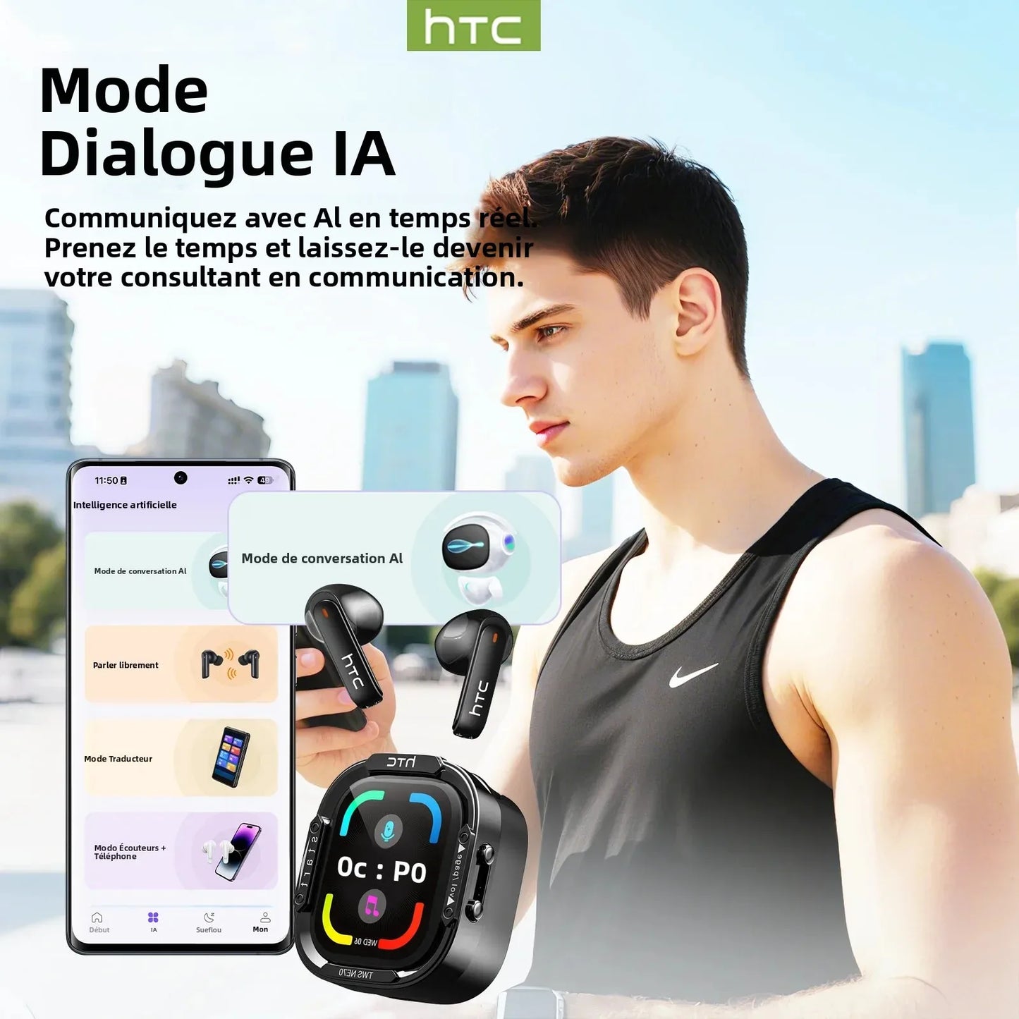 HTC NE70 Bluetooth Earphones Touch Screen TWS in-Ear Wireless Headphones AI Translator Noise Reduction Earbuds Game Heatset