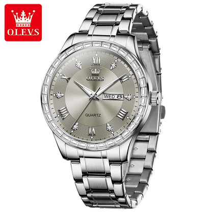 OLEVS 9906 kvartsur til mænd, firkantet model med diamanter, armbånd i rustfrit stål, vandtæt, med dobbelt kalender; et originalt luksusarmbåndsur, der er ideelt til erhvervslivet.