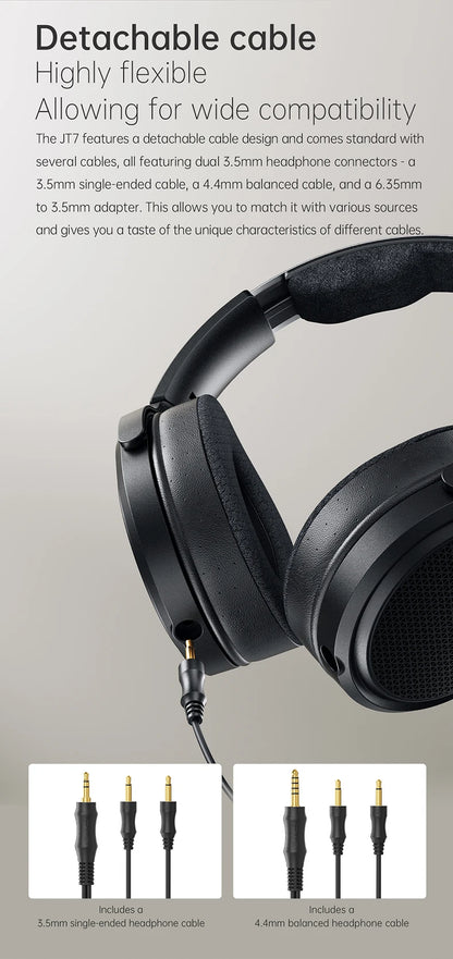 FiiO JT7 Over-Ear Planar Magnetic Audiophile Headphones 95x86mm Planar Driver Design Adjustable Headband 4.4mm/3.5mm Cable