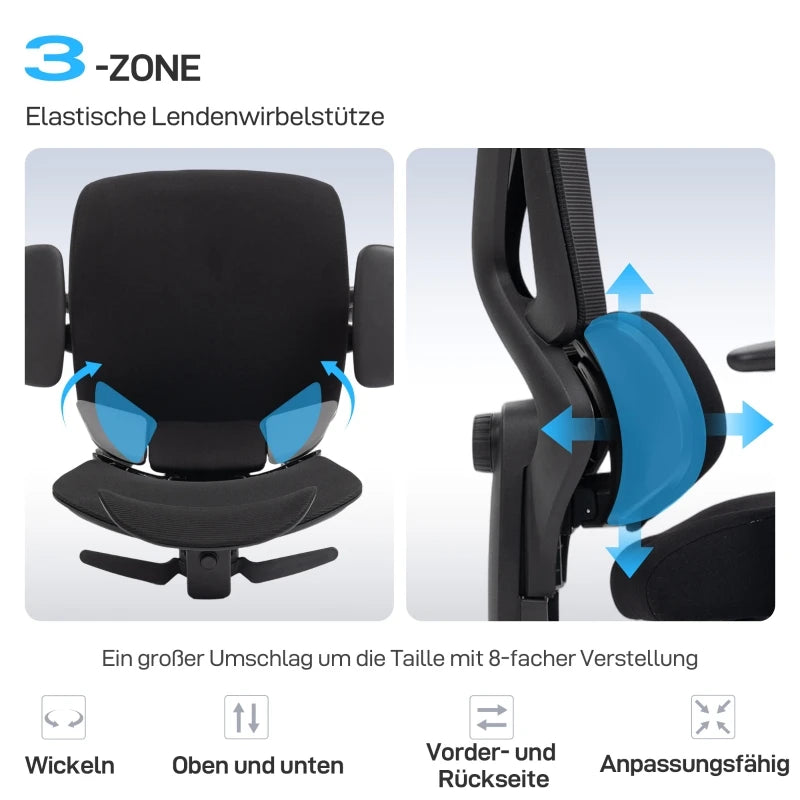 Ergonomic office chair with wheels, mesh fabric, lumbar support, adjustable armrests, and headrest.