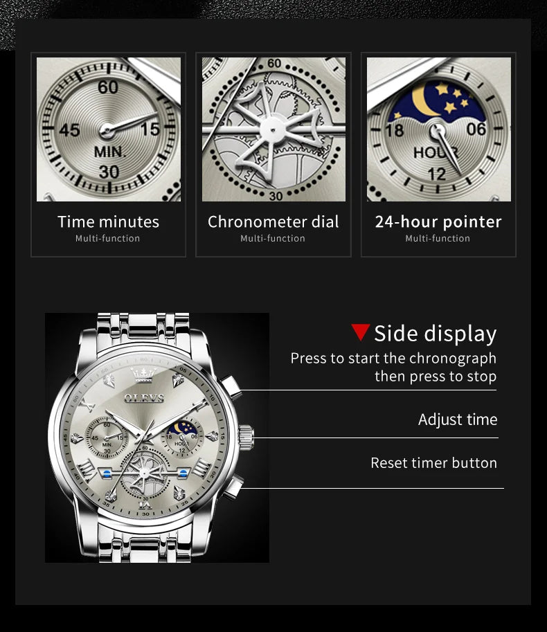 OLEVS Men's Watches Classic Multifunctional Flywheel Chronograph Original Quartz Wristwatch Moon Phase 24 Hour Waterproof Watch