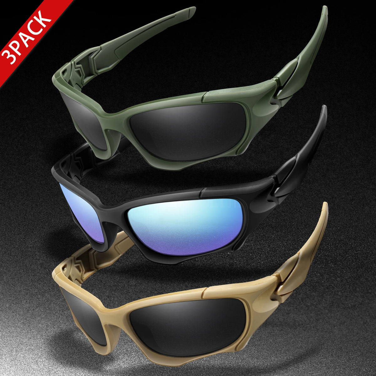 3-PACK Trendiga Outdoor Tactics-sportglasögon för män och kvinnor – cykelglasögon, bilkörning, camping, resor – färgglada skyddsglasögon