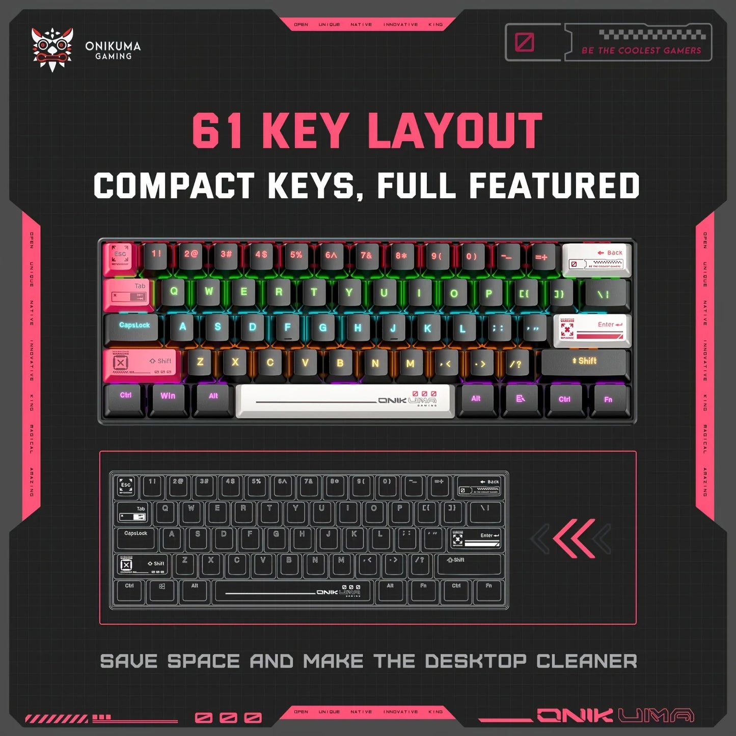 ONIKUMA G55 Mechanical Gaming Keyboard 61 Keys Layout RGB Customized Wired Colorful LED Backlit Keyboard for Computer Laptop PC