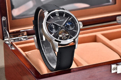 PAGANI DESIGN – Montre mécanique de luxe pour homme, 41 mm, verre saphir, bracelet en cuir, étanche, style pilote, avec tourbillon et phase de lune