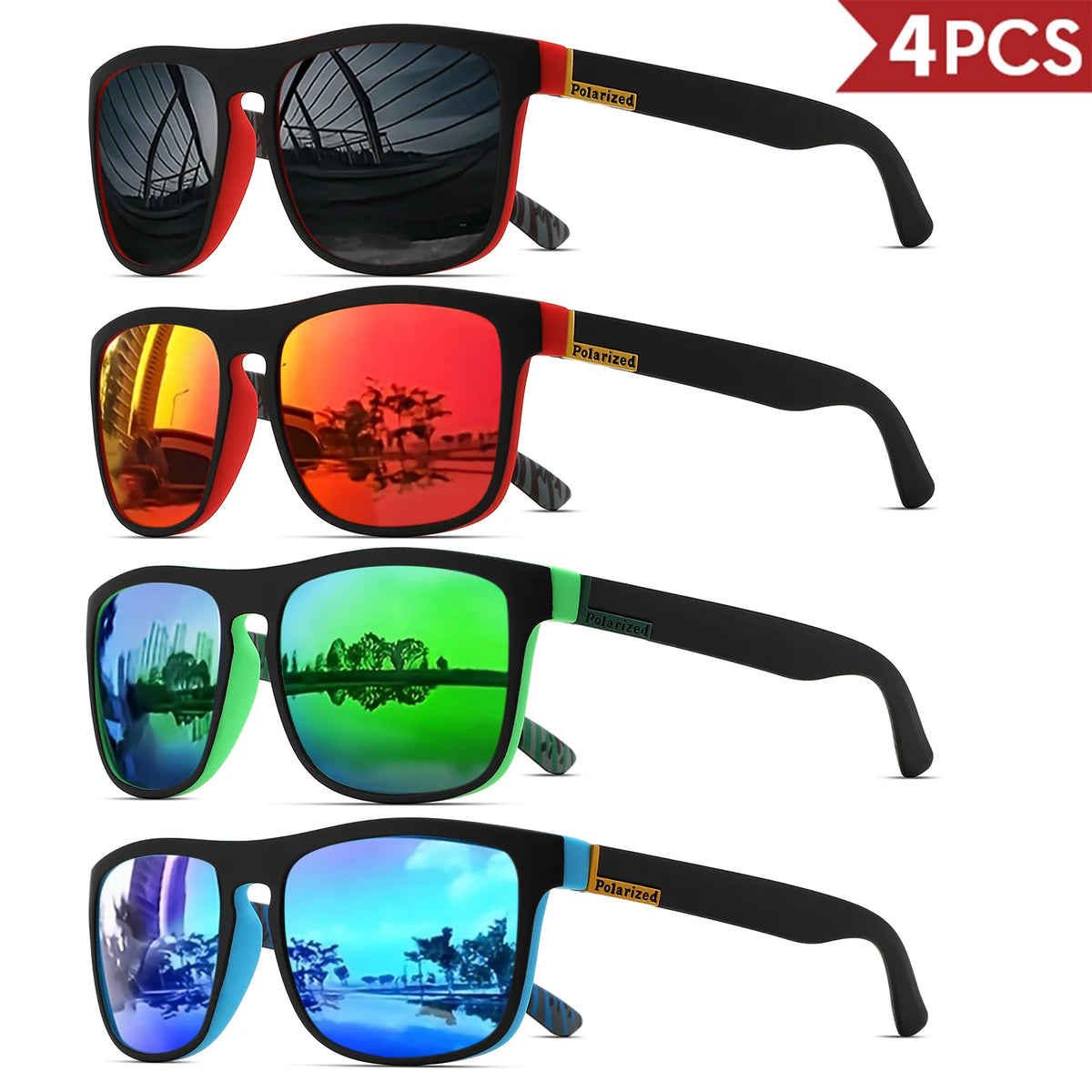 4PCSClassic Square Polarized Sports Sunglasses Lightweight PC Frame UV400 for Driving Fishing Cycling Unisex Everyday Durability