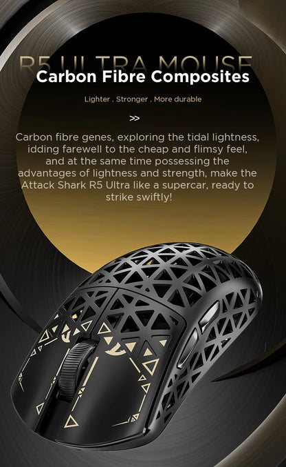 ATTACK SHARK R5 Ultra Carbon Fiber bezdrátová herní myš, herní snímač PixArt PAW3950MAX, 42000DPI, 8000Hz, MCU Nordic 52840