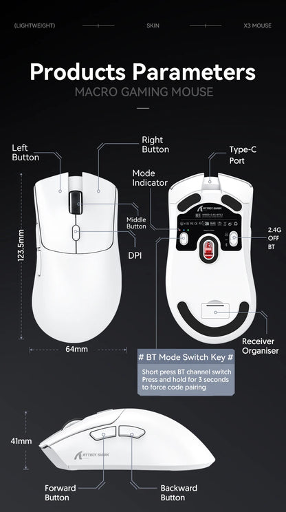 Attack Shark R1 Tri-Mode 2.4g-BT-Wired, PAW3311 18000DPI, 59g  Lightweight Gaming Mouse