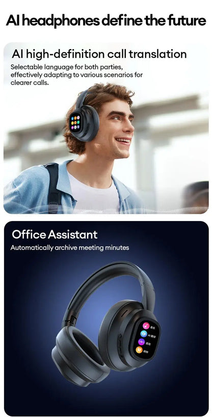 AI LCD Touch Screen Shock Bass Headsets HIFI Sound Wireless Bluetooth Headphones ANC Noise Reduction Gamer Earphones With HD Mic