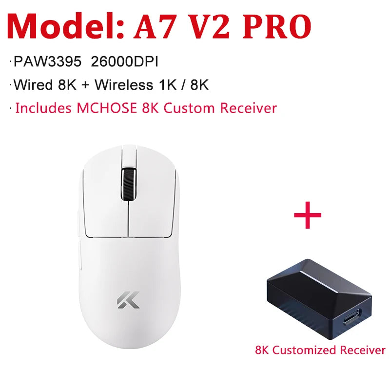 MCHOSE A7 V2 Ultra / Pro lehká bezdrátová herní myš Dual 8000Hz PAW3950 TI 42000DPI pro PC e-sport hráče