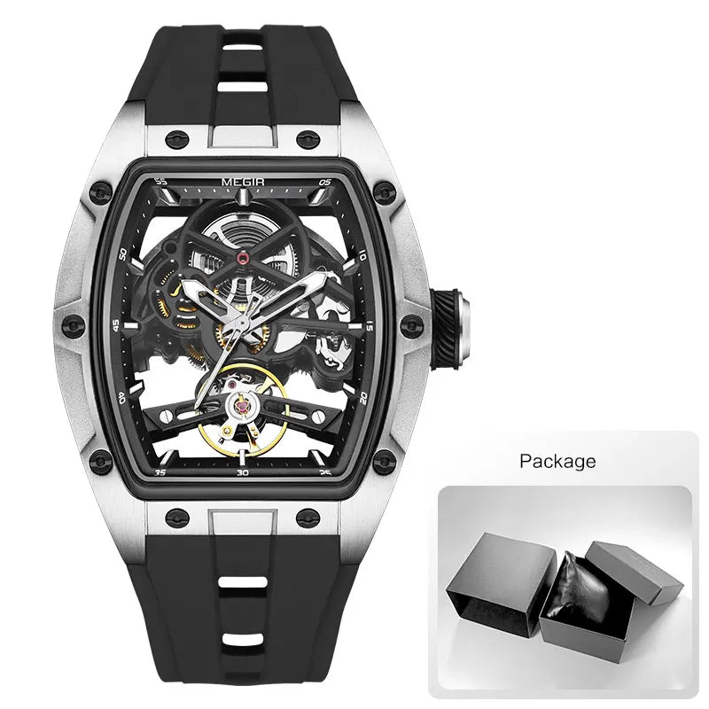 MEGIR 2242 Blue Automatic Watch for Men Sport Waterproof Stainless Steel Mechanical Wristwatch with Silicone Strap Skeleton Dial