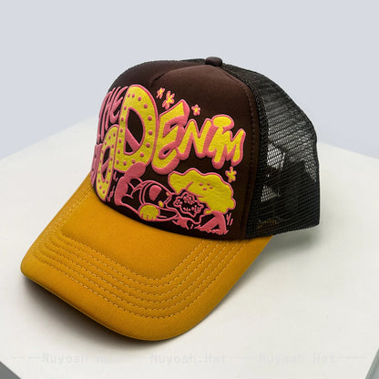 Unisex, interessant, 3D-printet bogstav, baseballkasketter, solskærm, tegneserie, åndbar, farveblok, trucker-kasketter, mesh, alsidig inderside