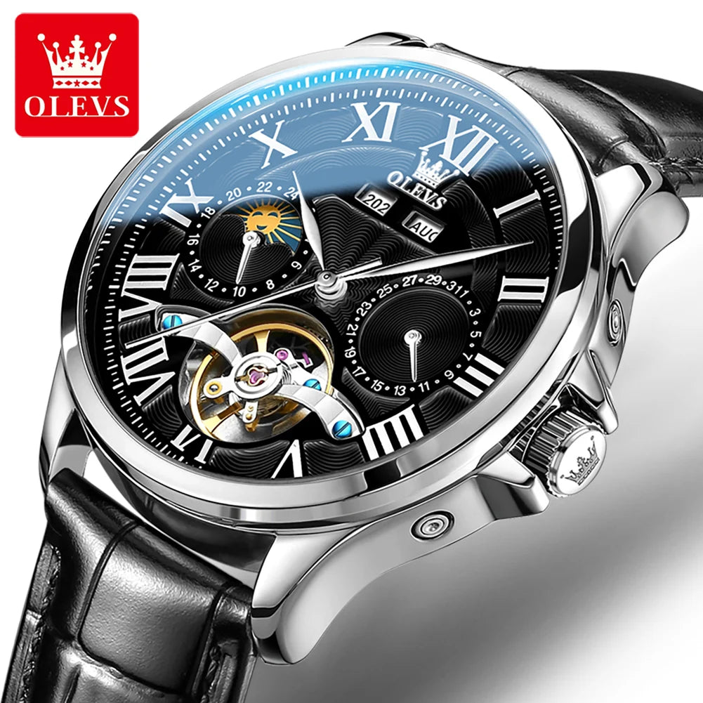 OLEVS 7013 Men's Watch Fashion Moon Phase Mechanical Watch For Men Waterproof Roman Scale Hollow Flywheel Automatic Hand Clock